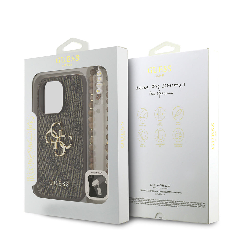 Guess iPhone 15 Pro Orjinal Lisanslı PU Deri Bilek Askı İpli Metal Büyük 4G ve Yazı Logolu Kılıf Guess iPhone 15 Pro Orjinal Lisanslı PU Deri Bilek Askı İpli Metal Büyük 4G ve Yazı Logolu Kılıf